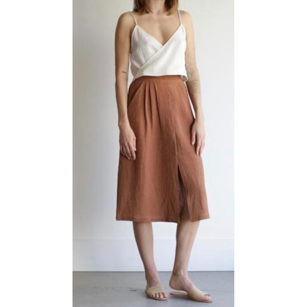 First Rite Rust Brown Textured Pleated Midi Skirt Pockets High Waist S
Linen